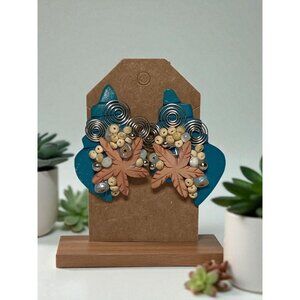 Pierced Earrings Studs Polymer Clay Nature Inspired Leaves Coiled Wire and Beads